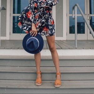 Anthropologie Blue Pattern Ribbon Brim Hat